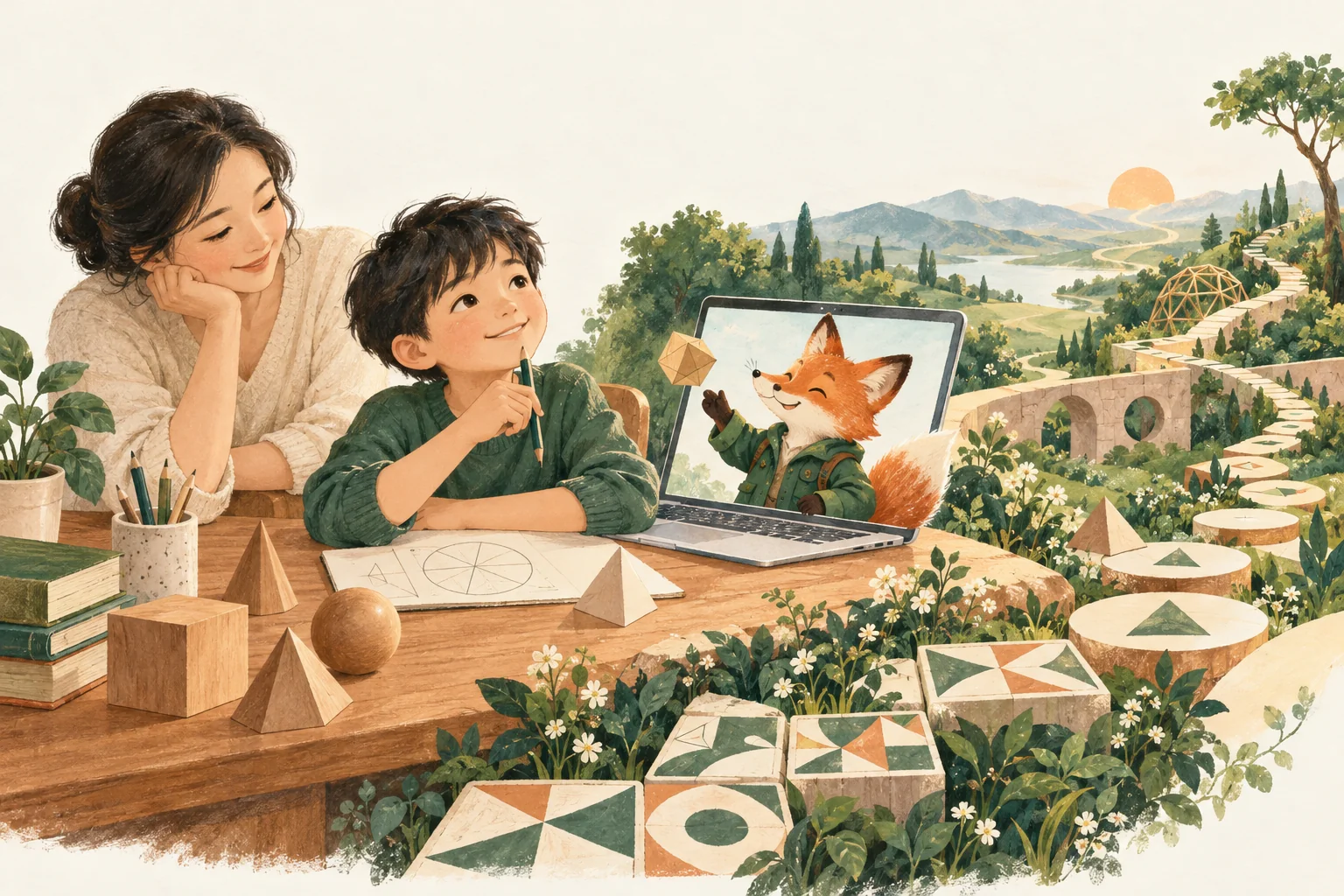 孩子与狐狸伙伴在数学探索花园中观察几何、图案与成长路径